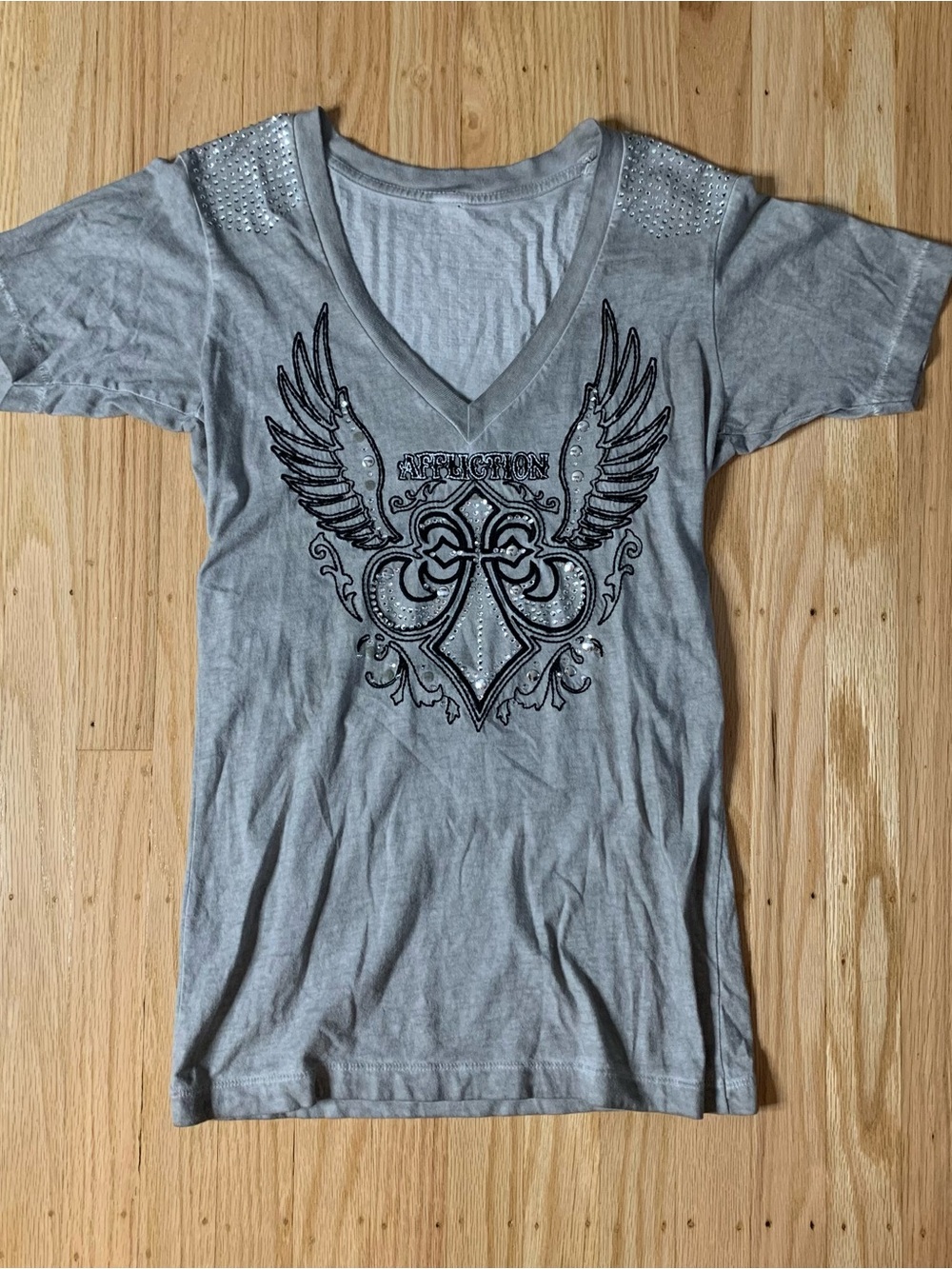 Gray Affliction Rhinestoned V-Neck Shirt with Black Winged Heart Graphic